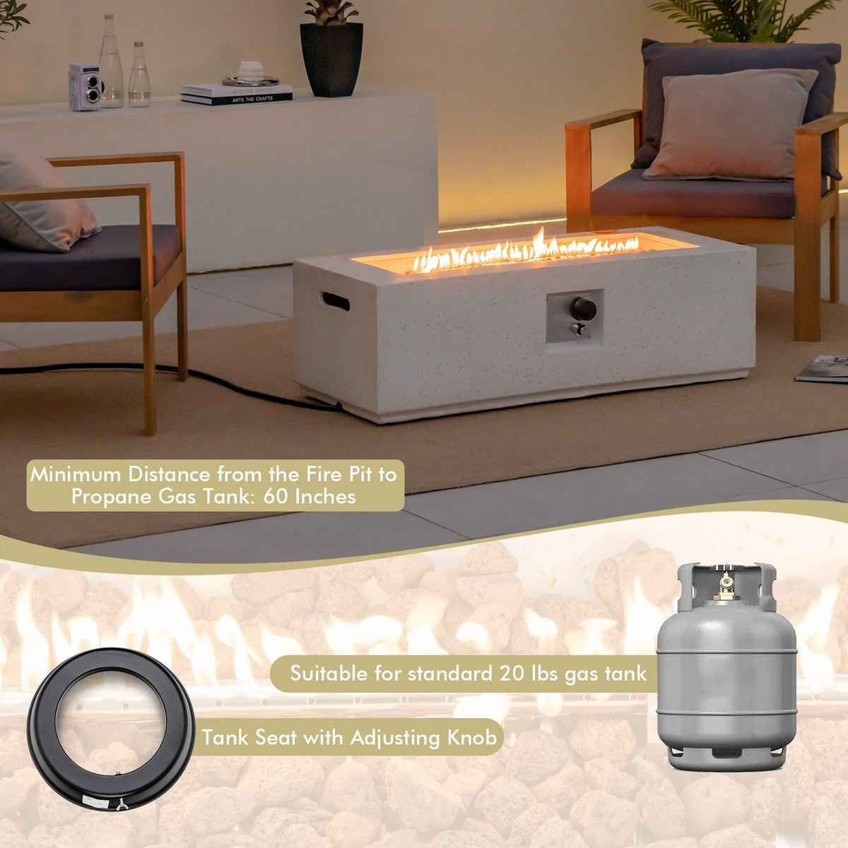 Mesa rectangular para hoguera de terrazo de 42 pulgadas y 50 000 BTU con cubierta de PVC - Blanca