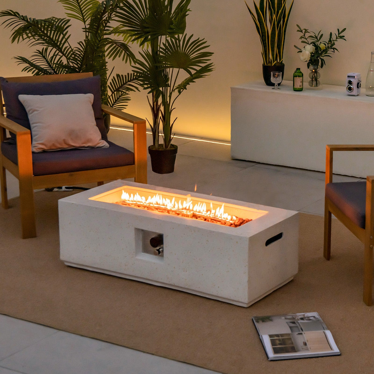 Mesa rectangular para hoguera de terrazo de 42 pulgadas y 50 000 BTU con cubierta de PVC - Blanca