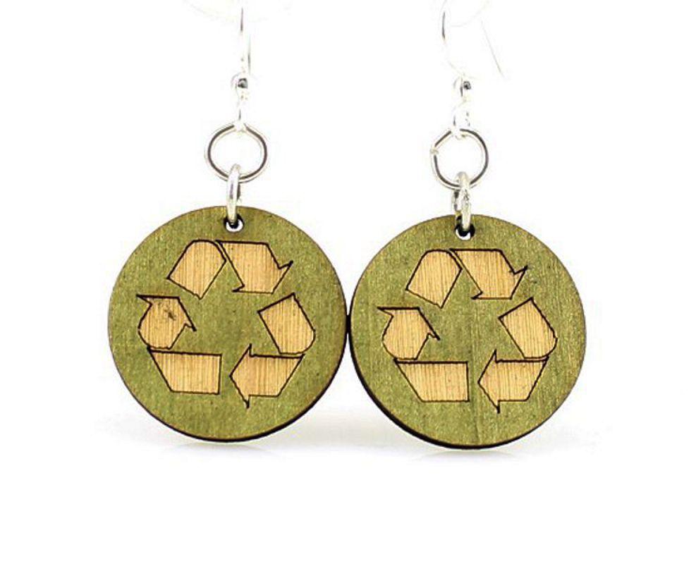 Recycled Wooden Earrings Eco Friendly Recycle Symbol Dangle
