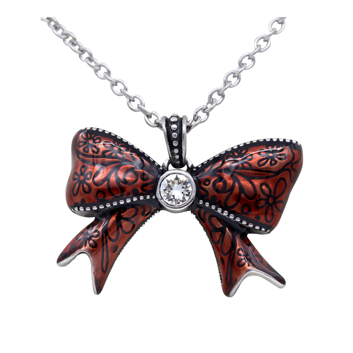 Red Bow Pendant Necklace With Crystal Accent Silver
