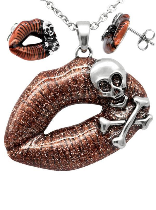 Red Lip Skull Necklace And Earrings Set Gothic Jewelry