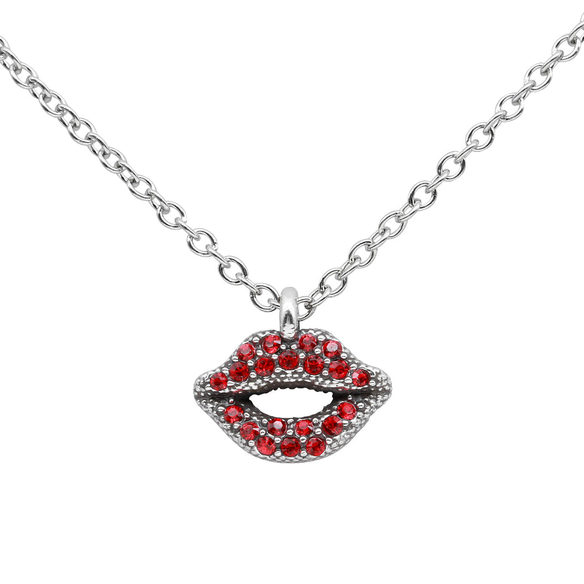 Red Lips Crystal Pendant Necklace Sterling Silver Tone