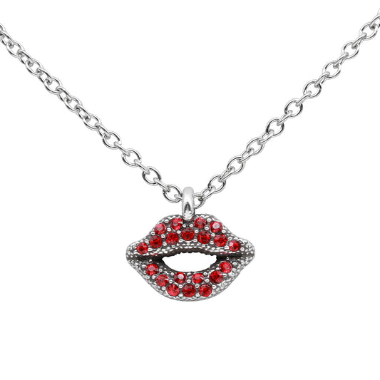 Red Lips Crystal Pendant Necklace Sterling Silver Tone