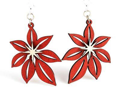 Red Poinsettia Wooden Dangle Earrings Holiday Jewelry