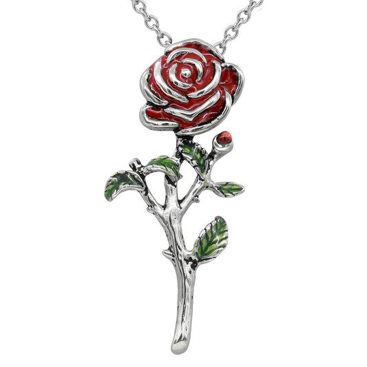 Red Rose Pendant Necklace Silver Plated Romantic Gift