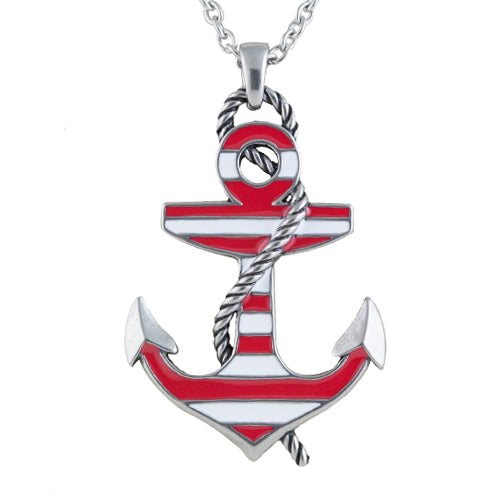 Red Striped Anchor Necklace Nautical Pendant With Rope