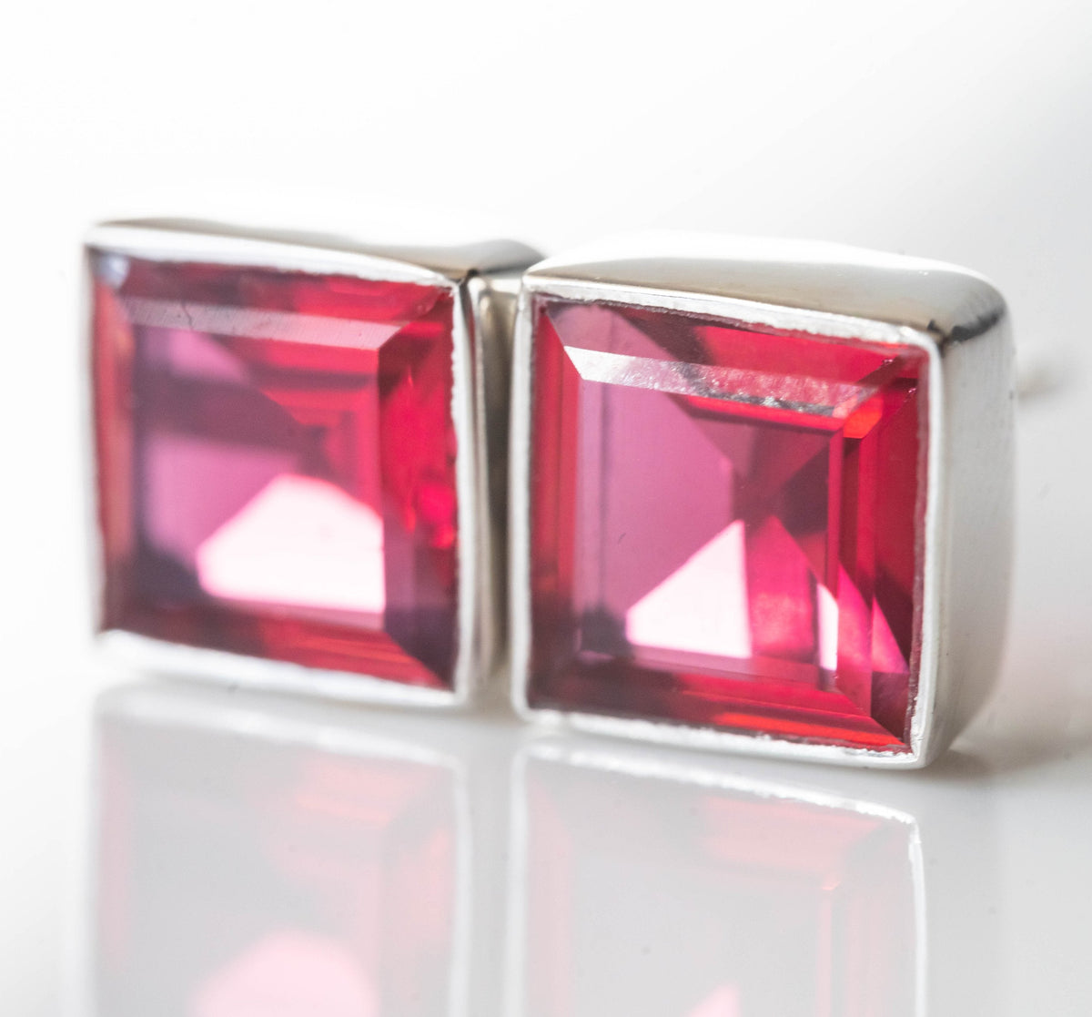 Red Tourmaline Square Stud Earrings 8mm Sterling Silver