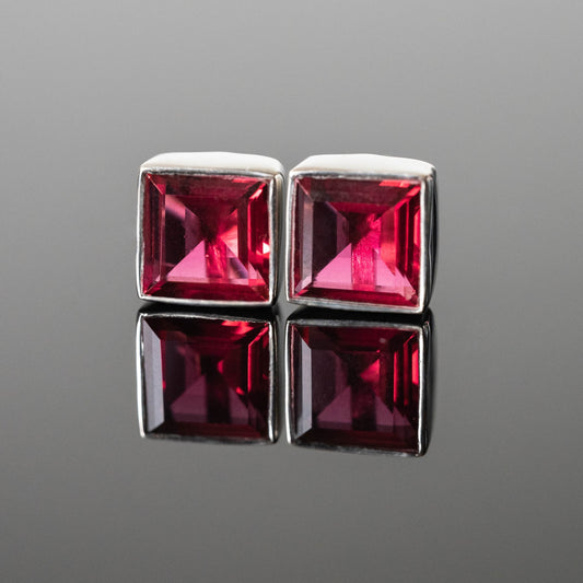 Red Tourmaline Square Stud Earrings 8mm Sterling Silver