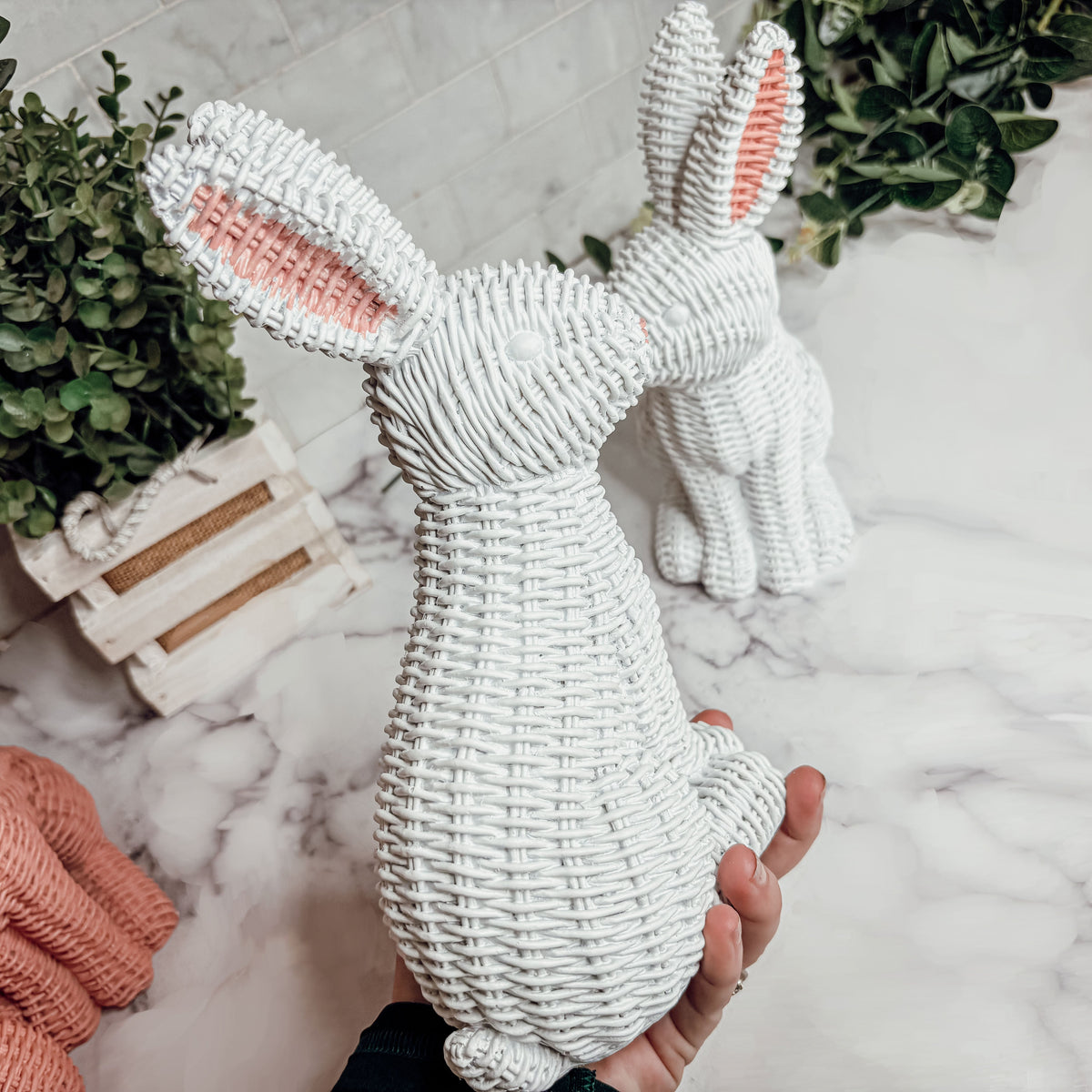 Resin Basket Weave Bunny Figurine Rattan Style Easter Decor 3 Color Options