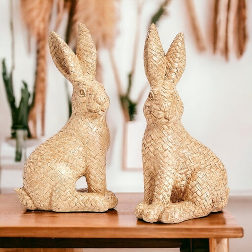 Resin Basket Weave Bunny Figurine Rattan Style Easter Decor 3 Color Options
