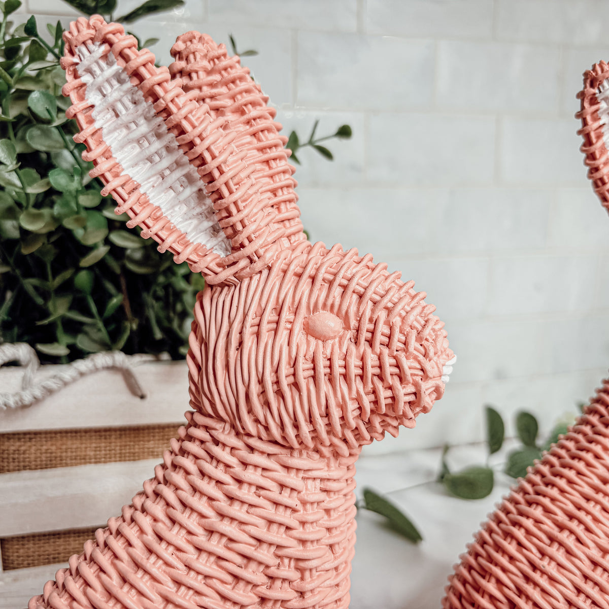 Resin Basket Weave Bunny Figurine Rattan Style Easter Decor 3 Color Options
