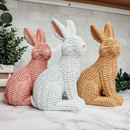 Resin Basket Weave Bunny Figurine Rattan Style Easter Decor 3 Color Options
