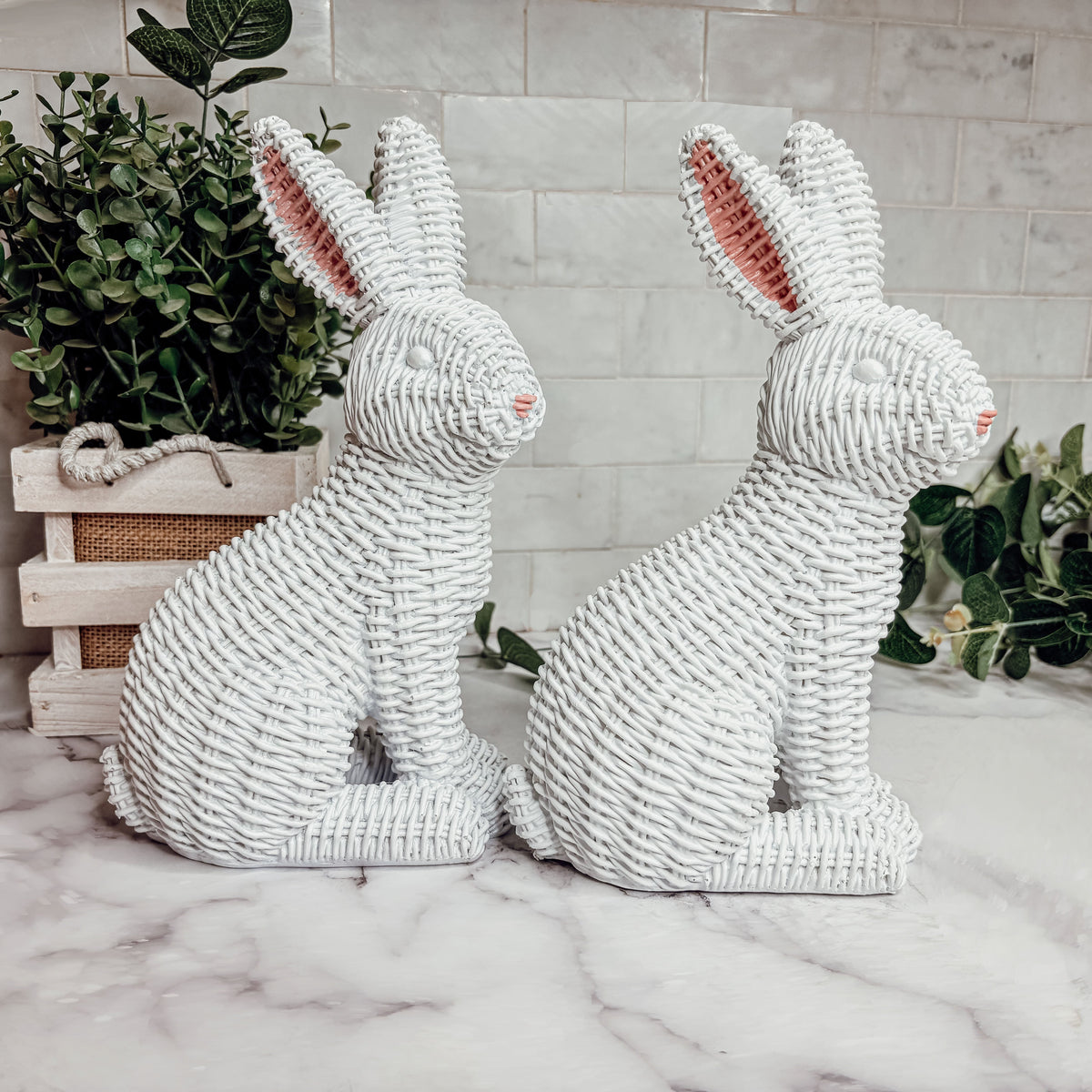 Resin Basket Weave Bunny Figurine Rattan Style Easter Decor 3 Color Options