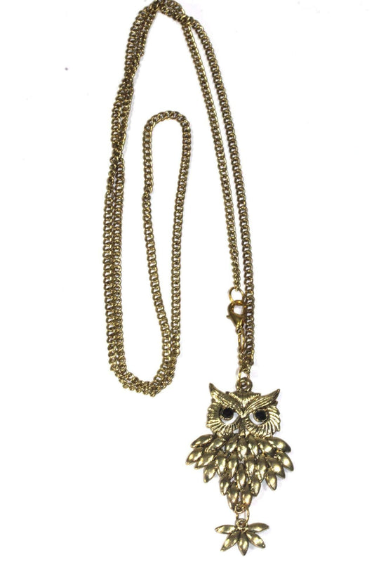 Rising Owl Long Pendant Necklace Gold Tone Vintage Boho