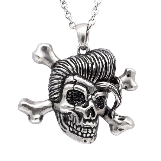 Rockabilly Skull Necklace Stainless Steel Black CZ Pendant