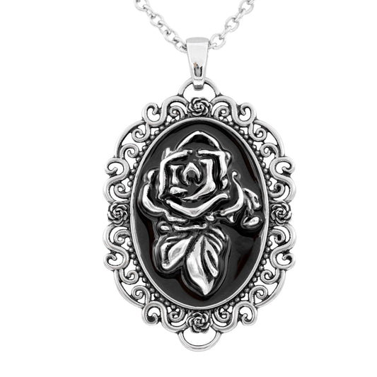 Rose Cameo Pendant Necklace Vintage Gothic Black Silver