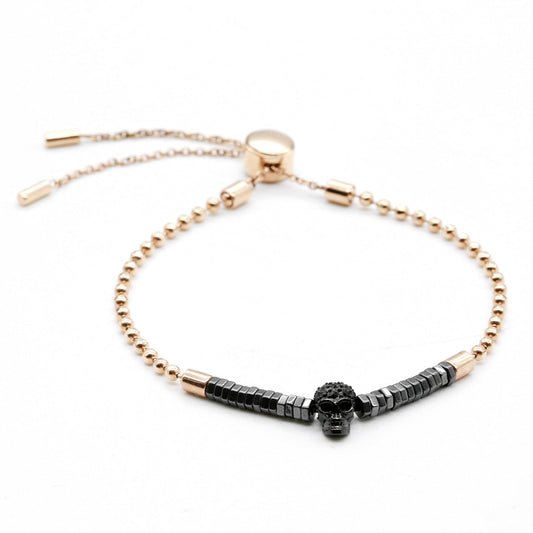 Rose Gold Adjustable Pull Chain Bracelet With Black Skull