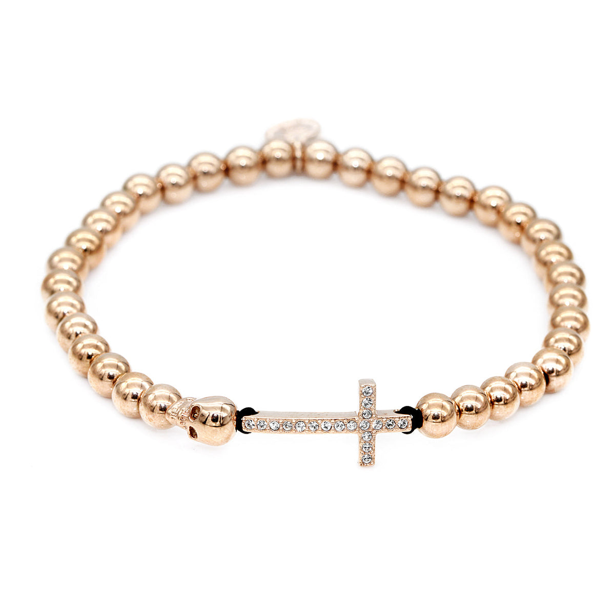 Rose Gold Plated Beaded Stretch Skull Cross Bracelet