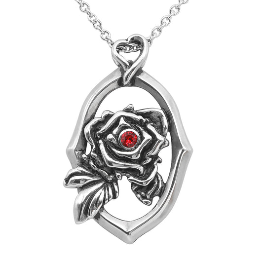 Rose Pendant Necklace Framed Silver With Red Crystal