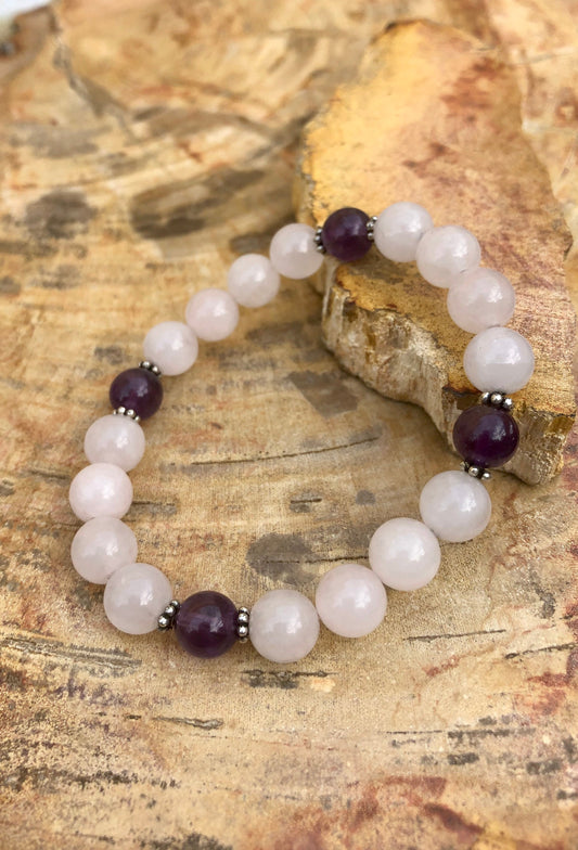 Rose Quartz Amethyst Beaded Stretch Bracelet Healing Gem