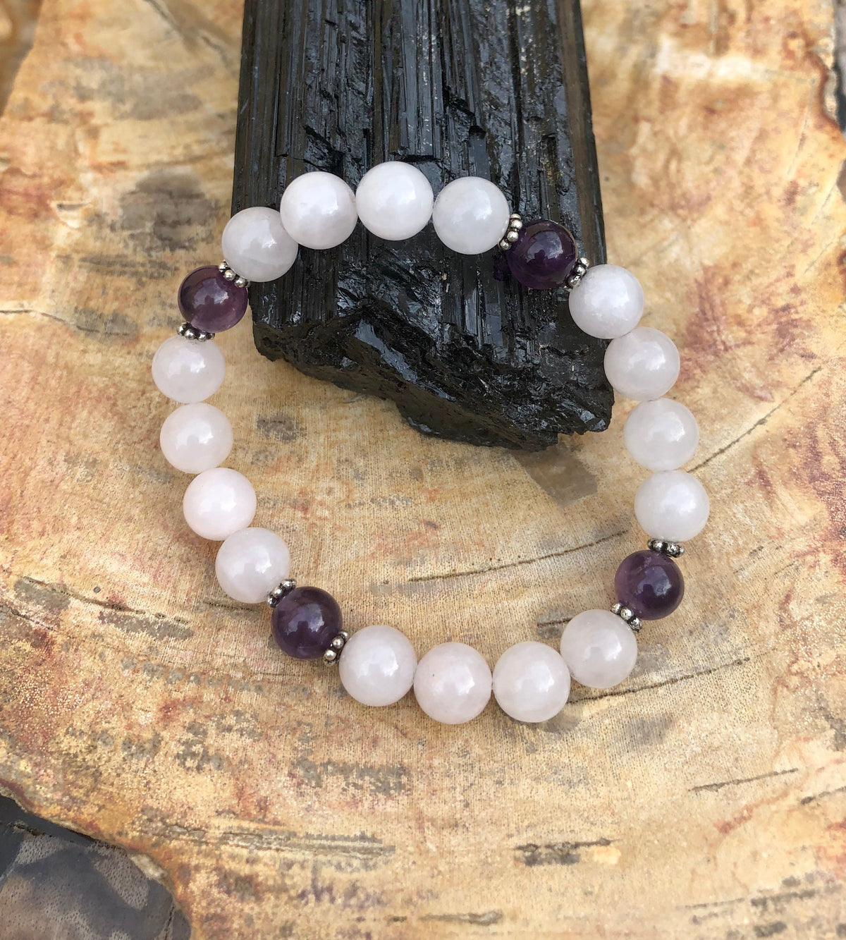 Rose Quartz Amethyst Beaded Stretch Bracelet Healing Gem