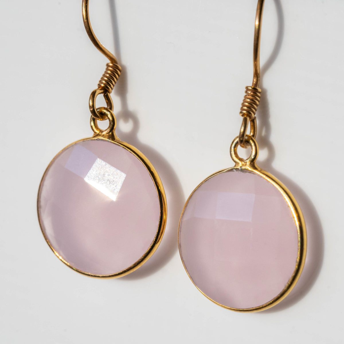 Rose Quartz Round Drop Earrings Gold Plated Minimal