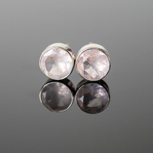 Rose Quartz Round Stud Earrings Sterling Silver Post