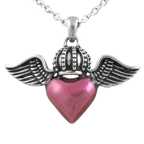 Royal Pink Heart Necklace Winged Crown Pendant Silver