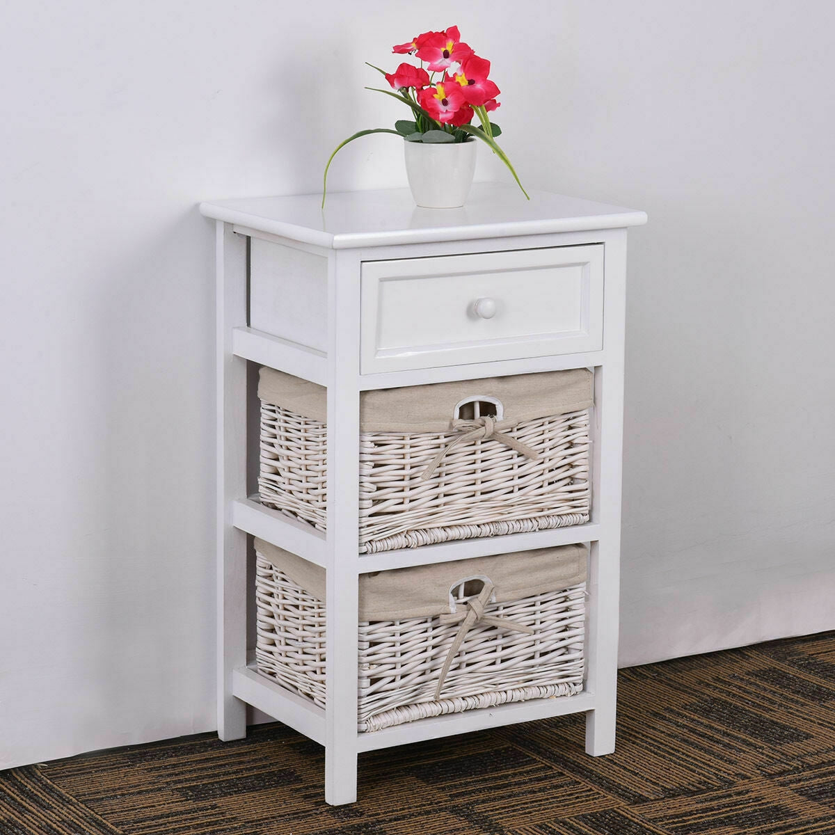 3 Tier Set of 2 Wood Nightstand with 1 and 2 Drawer