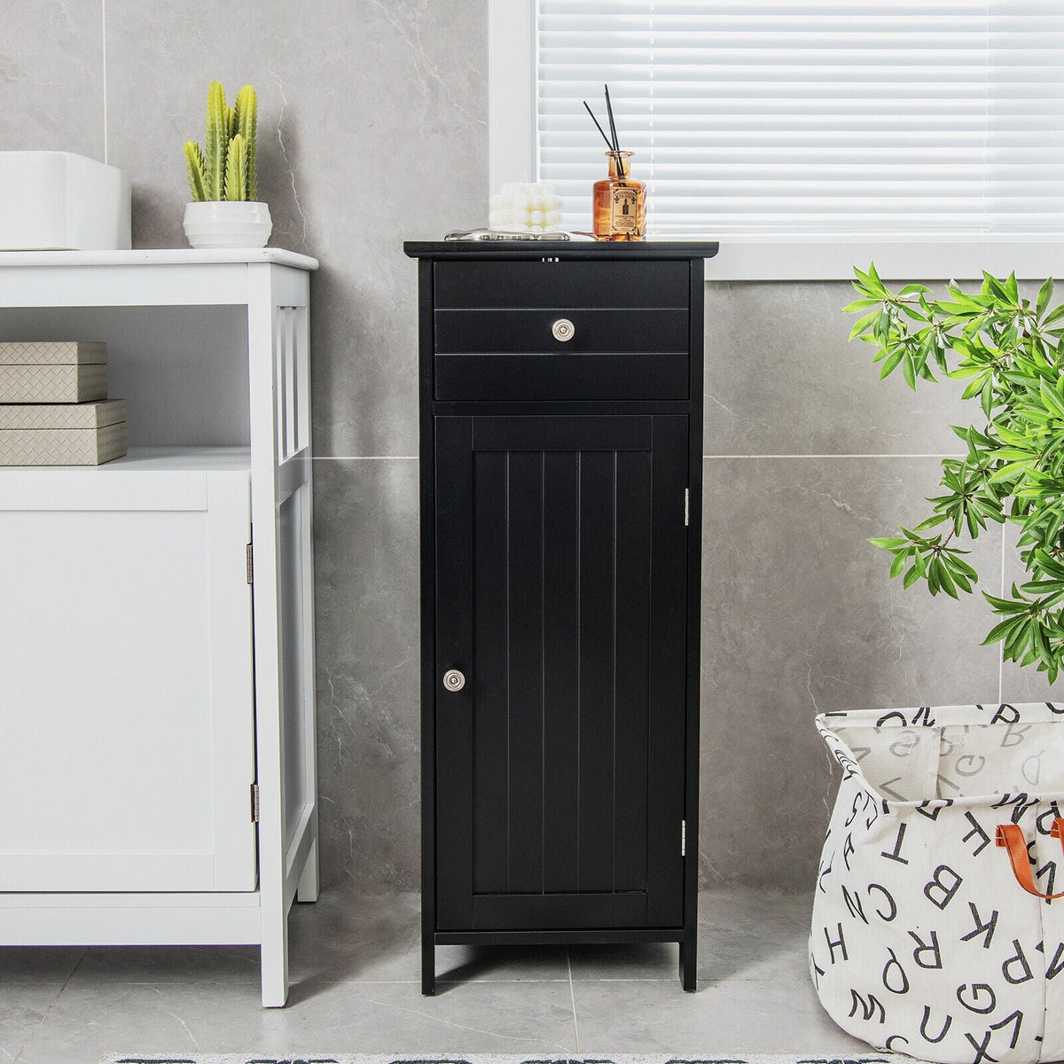 Wooden Bathroom Floor Storage Cabinet with Drawer and Shelf