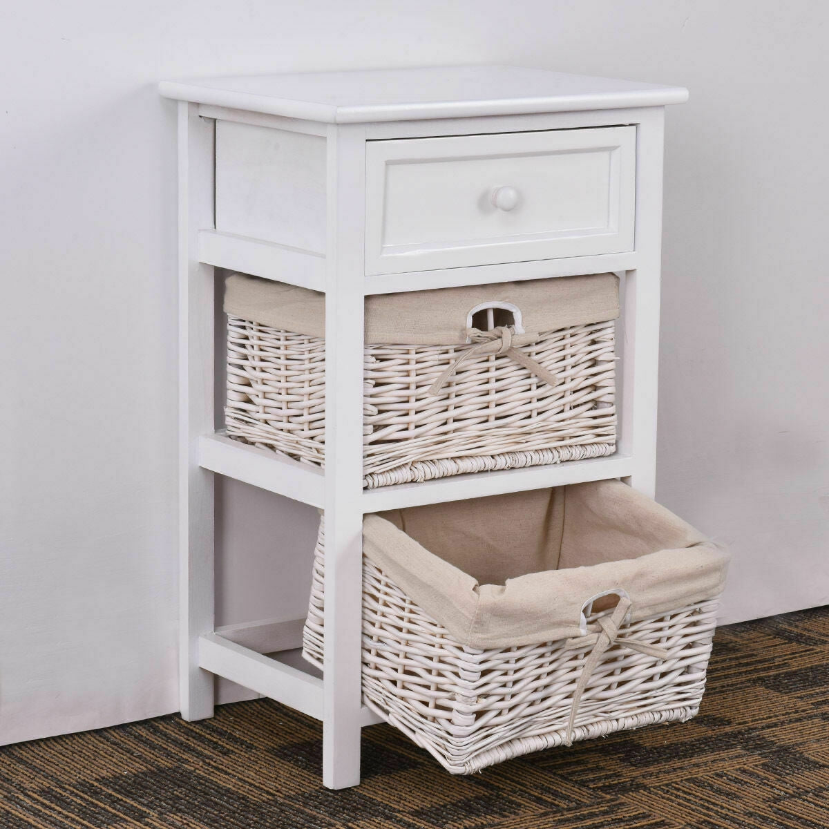 3 Tier Set of 2 Wood Nightstand with 1 and 2 Drawer