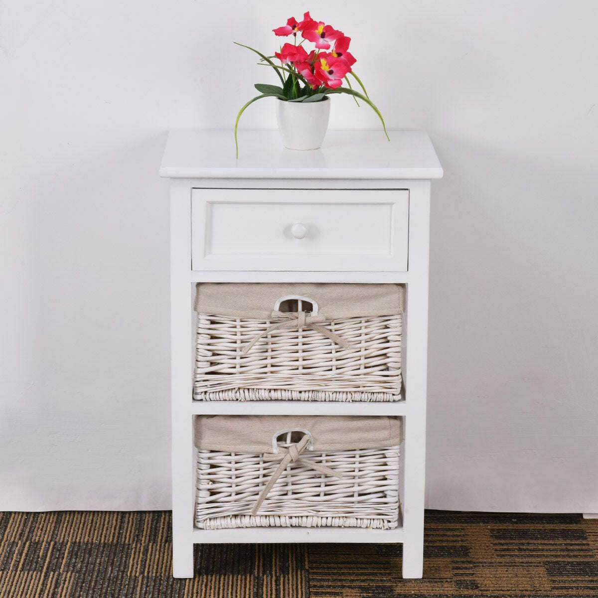 3 Tier Set of 2 Wood Nightstand with 1 and 2 Drawer