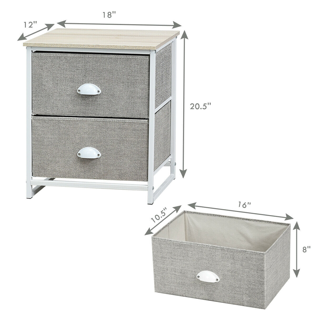 Metal Frame Nightstand Side Table Storage with 2 Drawers-Gray