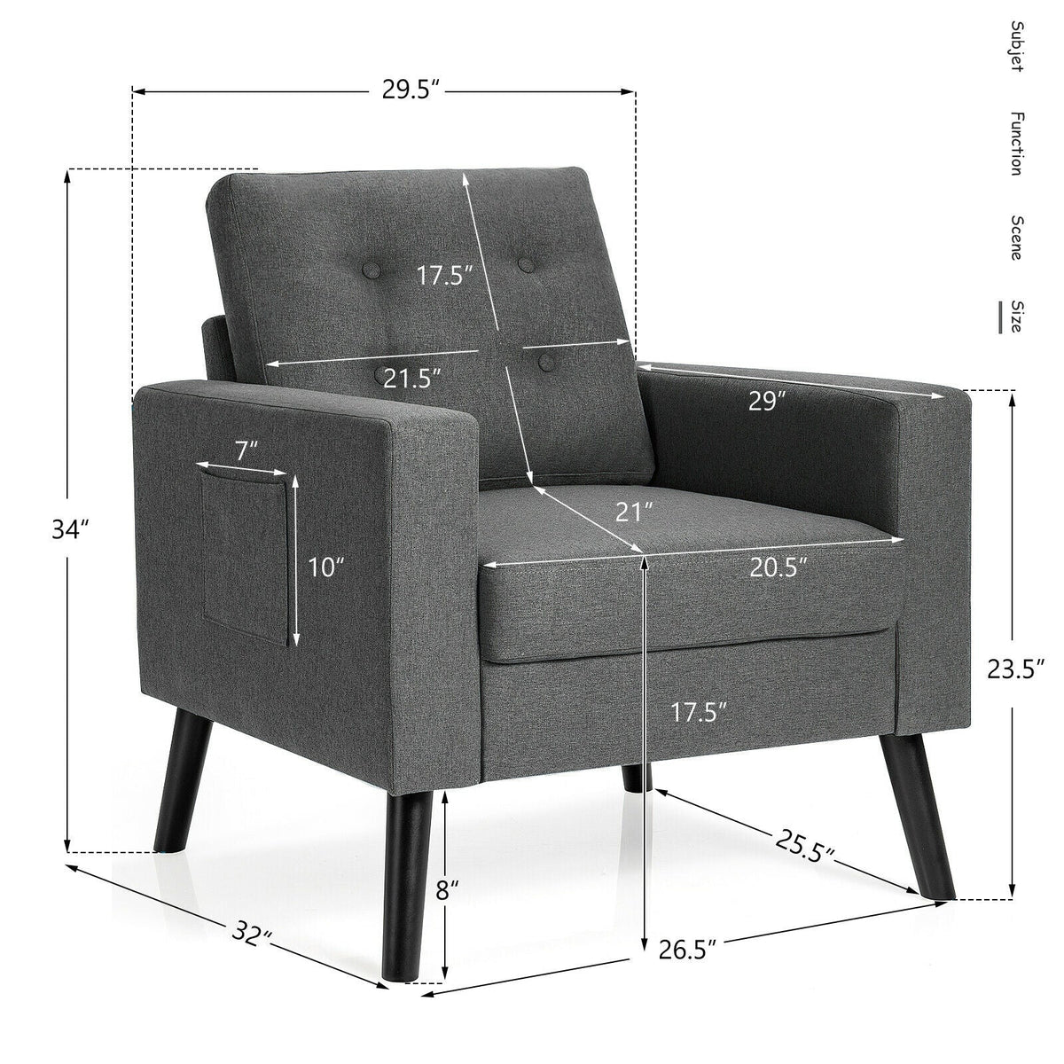 Mid-Century Upholstered Armchair Club Chair with Rubber Wood Legs