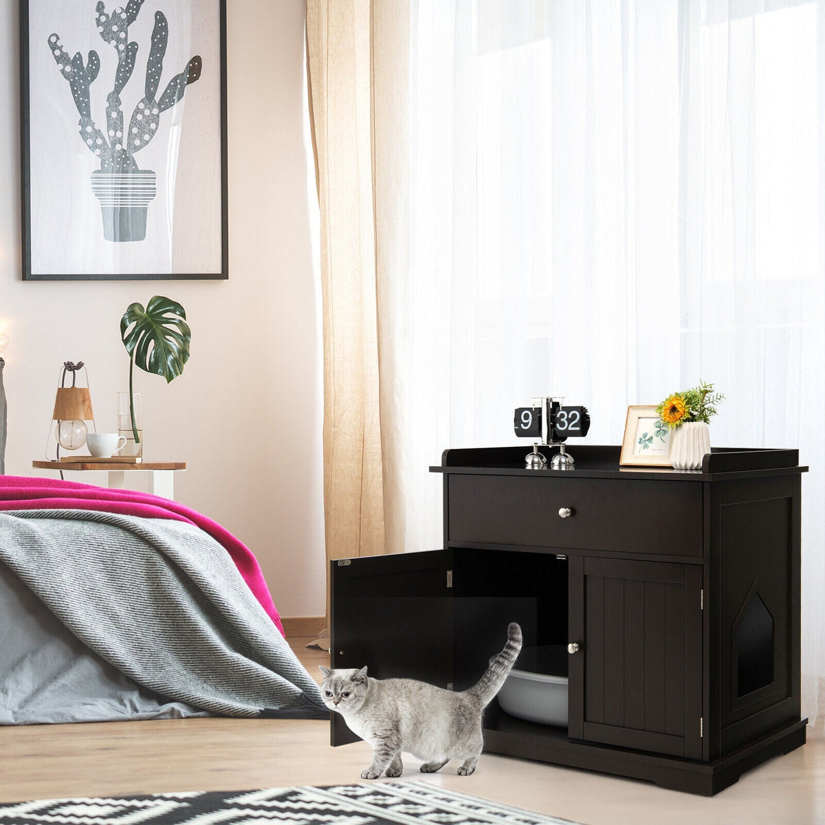 Wooden Cat Litter Box Enclosure with Drawer Side Table Furniture