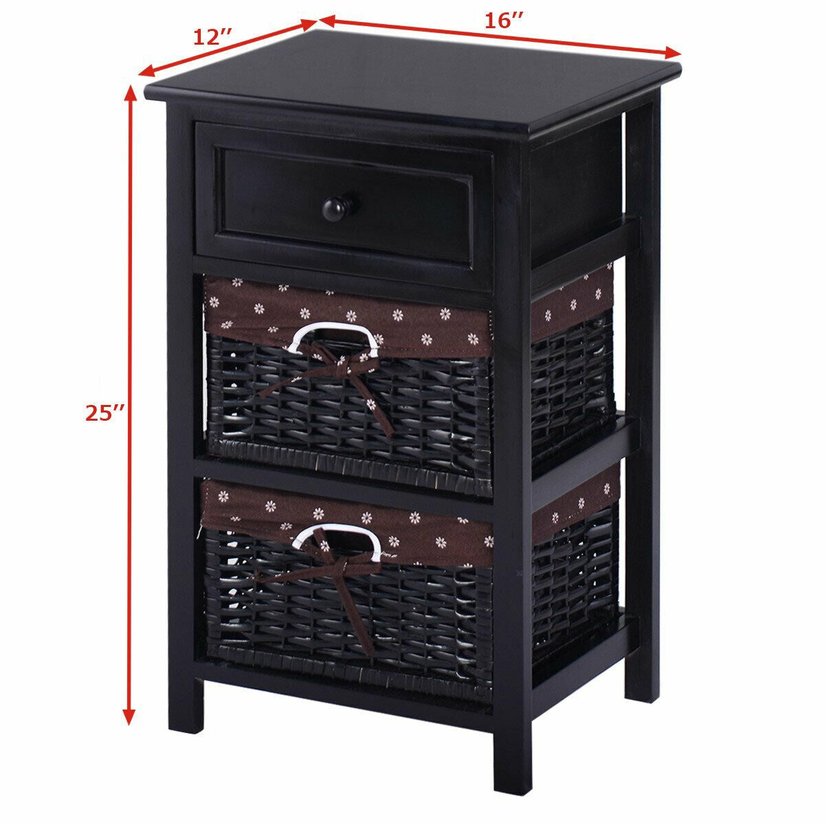 3 Tier Set of 2 Wood Nightstand with 1 and 2 Drawer