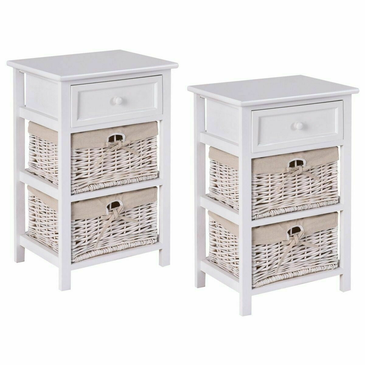 3 Tier Set of 2 Wood Nightstand with 1 and 2 Drawer