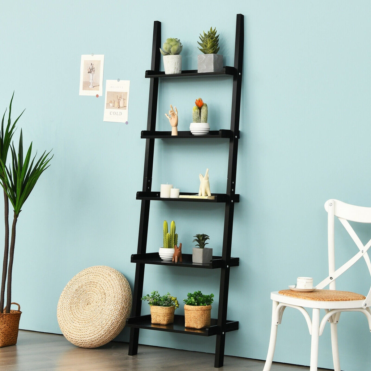 5-Tier Wall-leaning Ladder Shelf Display Rack for Plants and Books