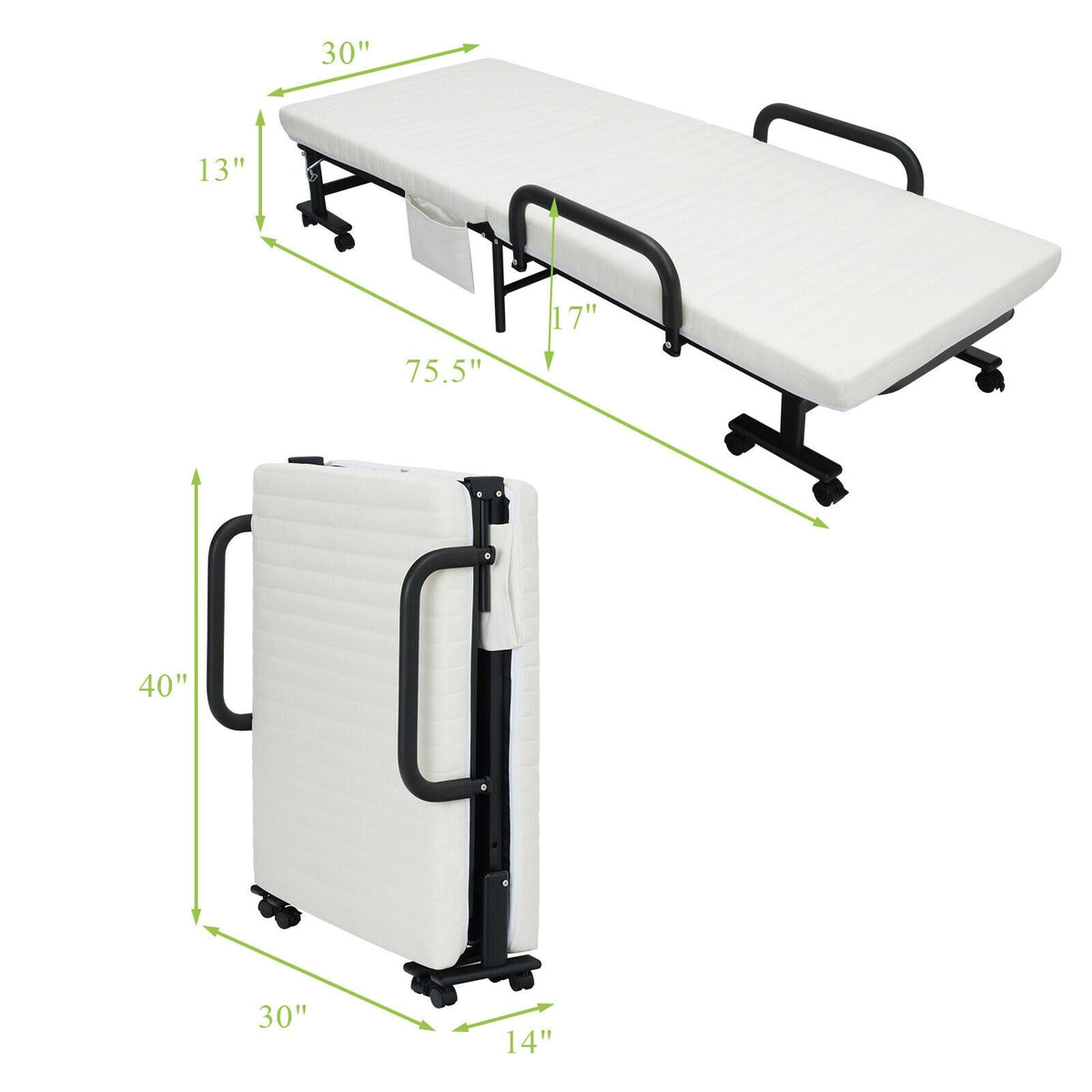 Adjustable Folding Guest Bed Frame with Mattress and Wheels