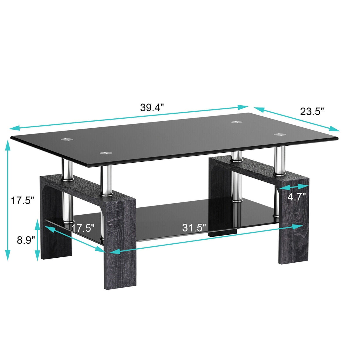 Rectangular Tempered Glass Coffee Table with Shelf