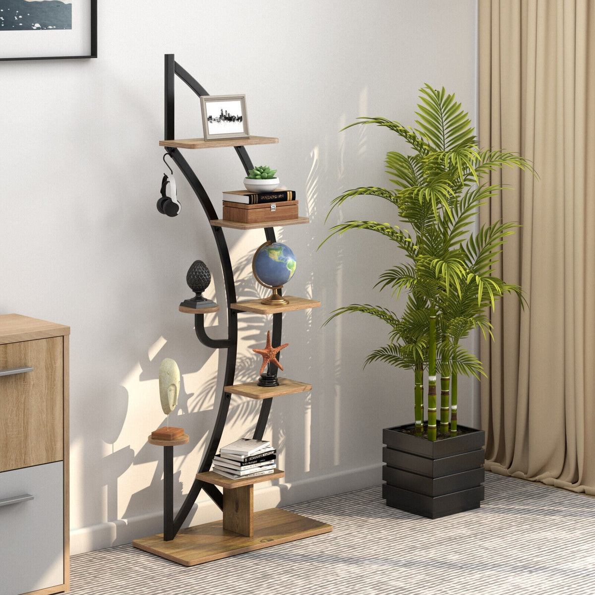 6-Tier 9 Potted Metal Plant Stand Holder Display Shelf with Hook-White