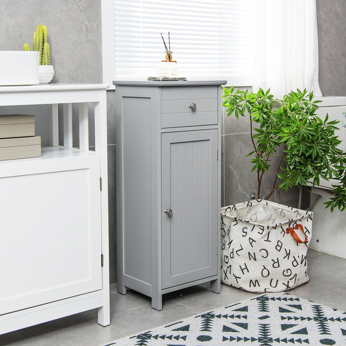 Wooden Bathroom Floor Storage Cabinet with Drawer and Shelf