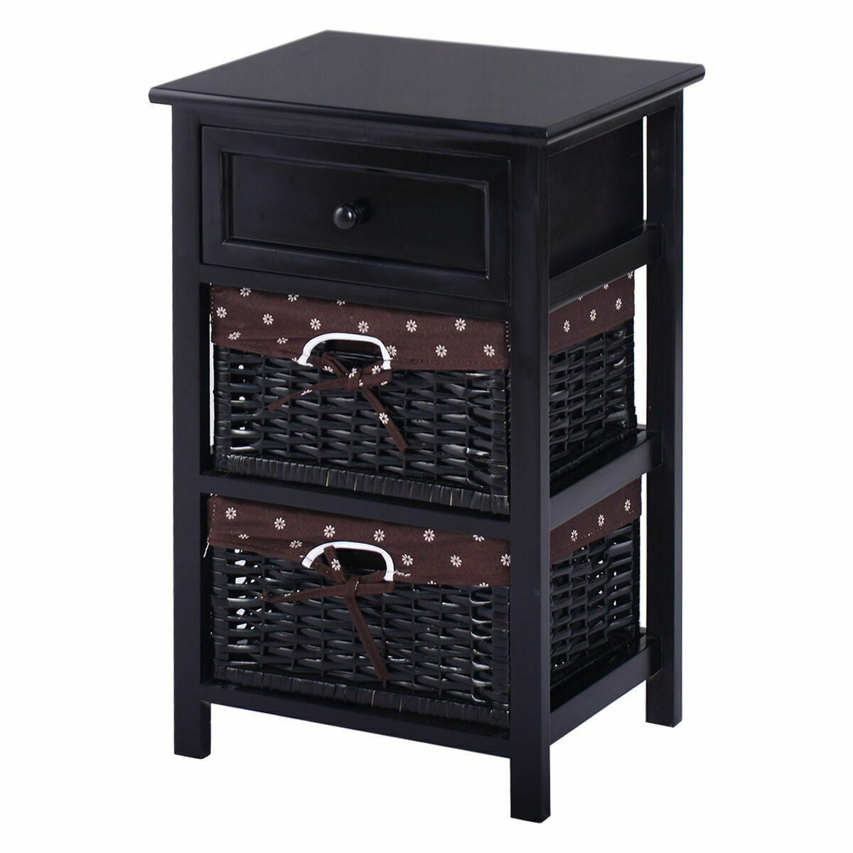 3 Tier Set of 2 Wood Nightstand with 1 and 2 Drawer