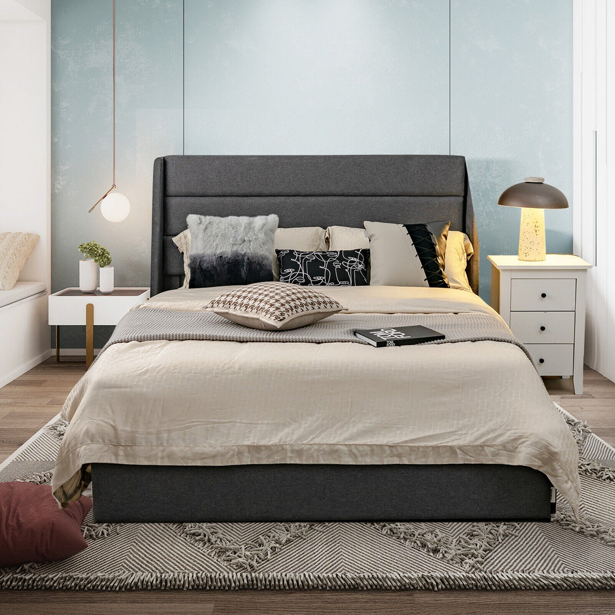 Upholstered Platform Bed Frame with 3 Storage Drawers