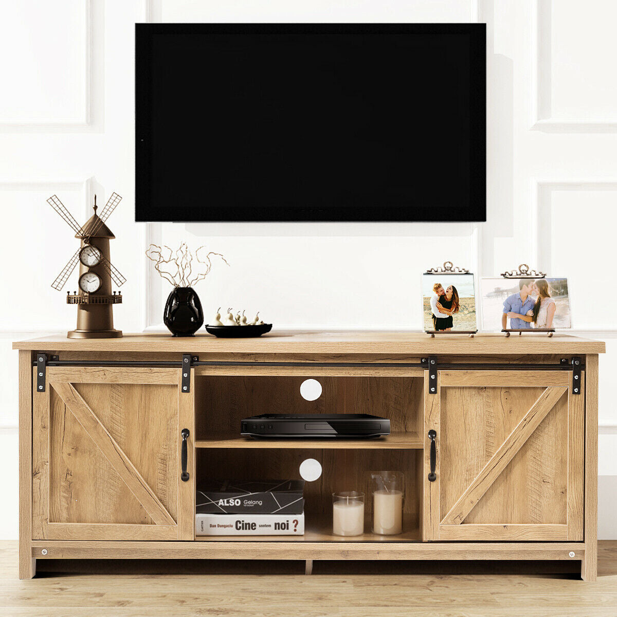 TV Stand Media Center Console Cabinet with Sliding Barn Door