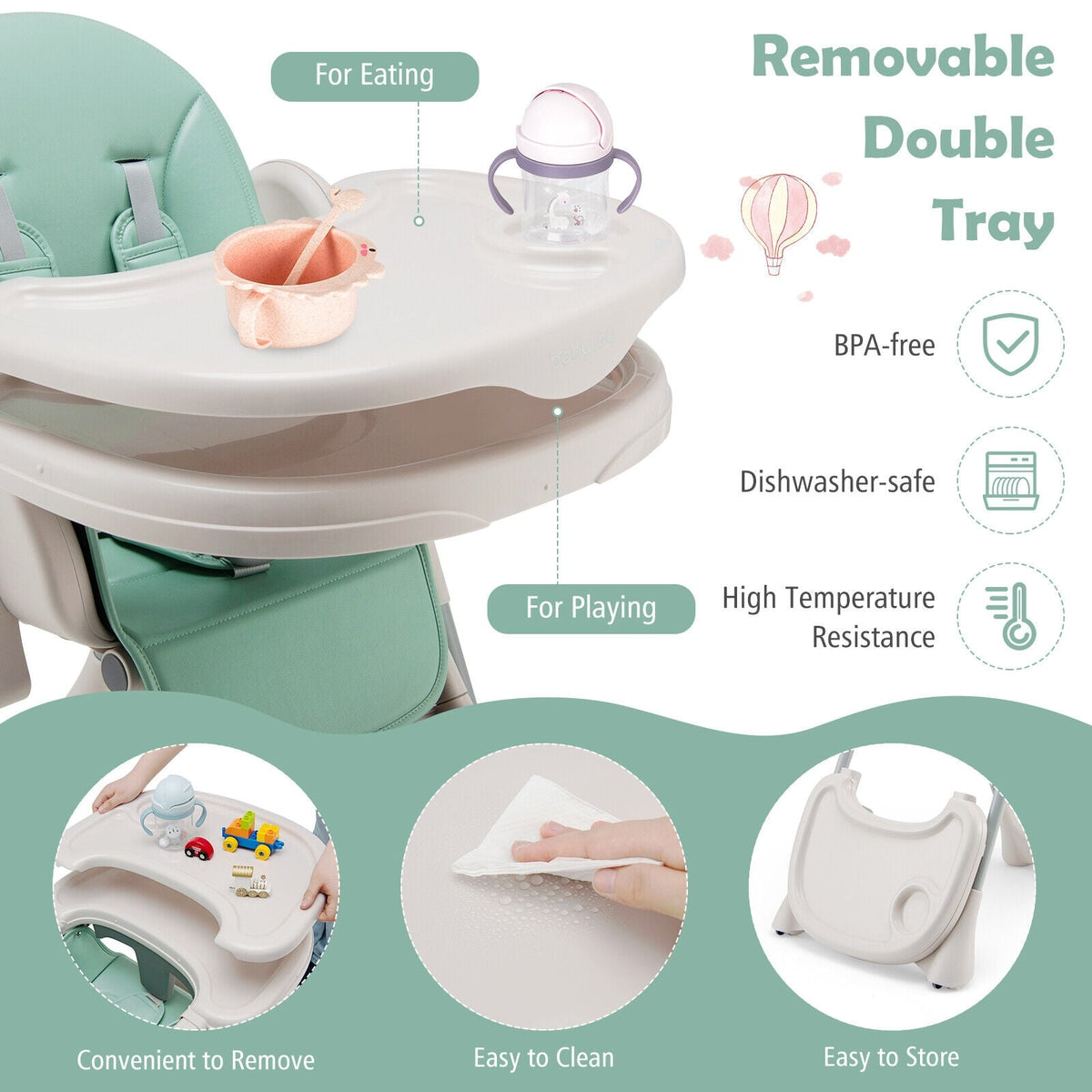 Baby Folding High Chair Dining Chair with Adjustable Height and Footrest