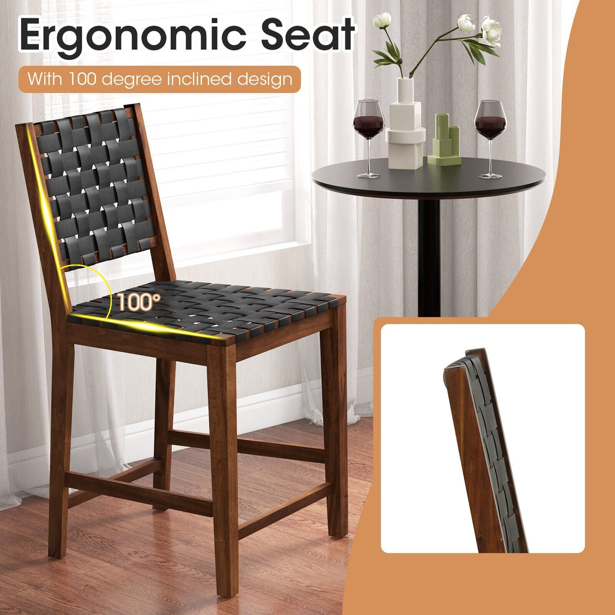 Set of 2 Woven Bar Stools with Faux PU Leather Straps-Black
