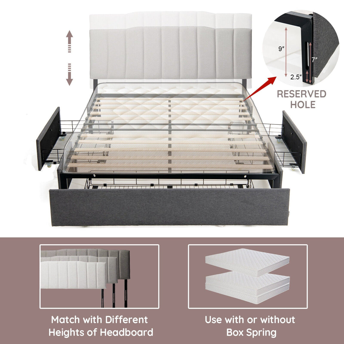 Upholstered Platform Bed Frame with 3 Storage Drawers