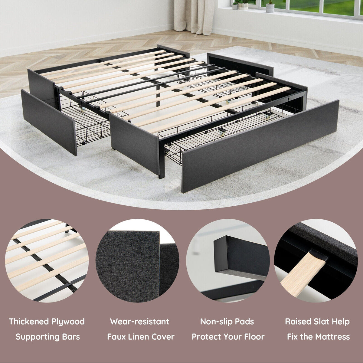 Upholstered Platform Bed Frame with 3 Storage Drawers