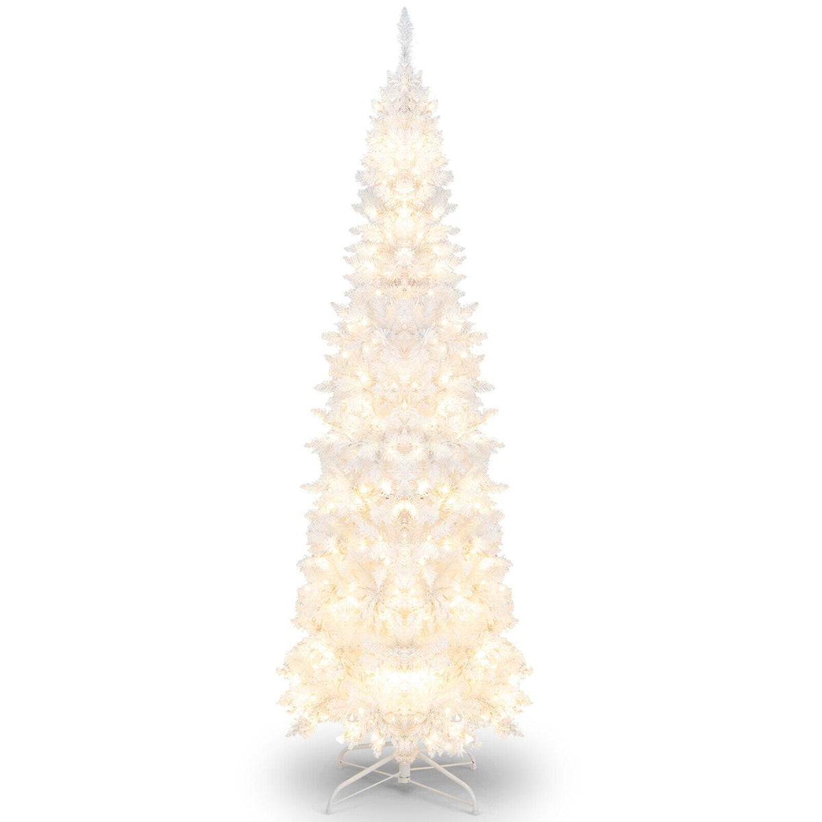 7 Feet Pre-Lit Hinged Pencil Christmas Tree White with 300 LED Lights and 8 Flash Modes